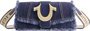 True Religion Women's Shoulder Bag Purse, Frayed Denim Mini Flap Crossbody Handbag with Horseshoe Logo
