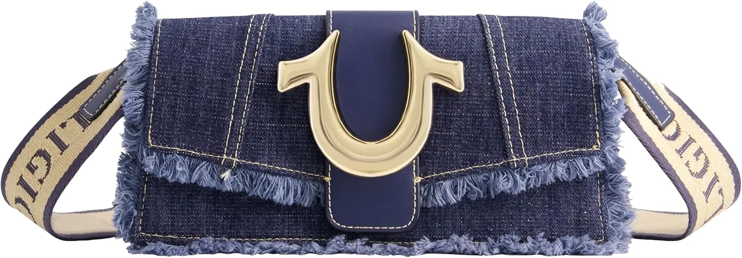 True Religion Women's Shoulder Bag Purse, Frayed Denim Mini Flap Crossbody Handbag with Horseshoe Logo