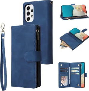 UEEBAI Wallet Case for Samsung Galaxy A53 5G, Premium Vintage PU Leather Magnetic Closure Handbag Zipper Pocket Case Kickstand Card Holder Slots with Wrist Strap TPU Shockproof Flip Cover - Blue