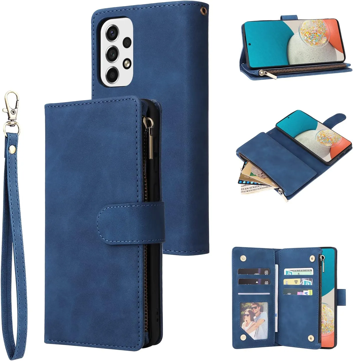 UEEBAI Wallet Case for Samsung Galaxy A53 5G, Premium Vintage PU Leather Magnetic Closure Handbag Zipper Pocket Case Kickstand Card Holder Slots with Wrist Strap TPU Shockproof Flip Cover - Blue