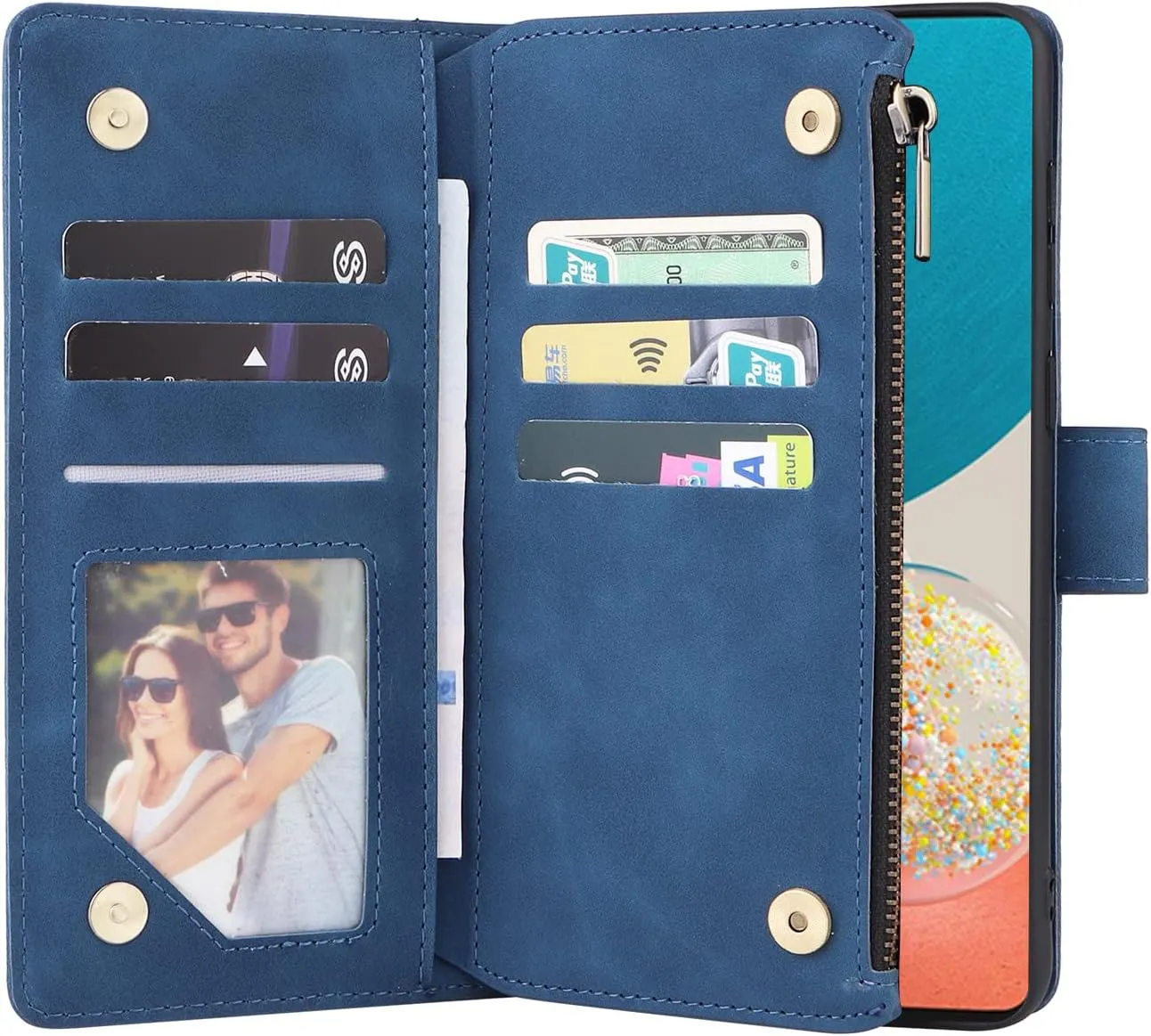 UEEBAI Wallet Case for Samsung Galaxy A53 5G, Premium Vintage PU Leather Magnetic Closure Handbag Zipper Pocket Case Kickstand Card Holder Slots with Wrist Strap TPU Shockproof Flip Cover - Blue