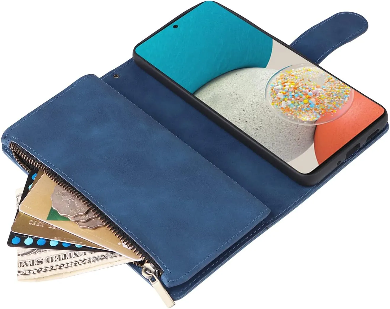 UEEBAI Wallet Case for Samsung Galaxy A53 5G, Premium Vintage PU Leather Magnetic Closure Handbag Zipper Pocket Case Kickstand Card Holder Slots with Wrist Strap TPU Shockproof Flip Cover - Blue