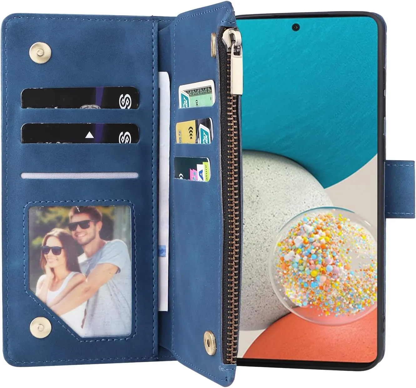 UEEBAI Wallet Case for Samsung Galaxy A53 5G, Premium Vintage PU Leather Magnetic Closure Handbag Zipper Pocket Case Kickstand Card Holder Slots with Wrist Strap TPU Shockproof Flip Cover - Blue