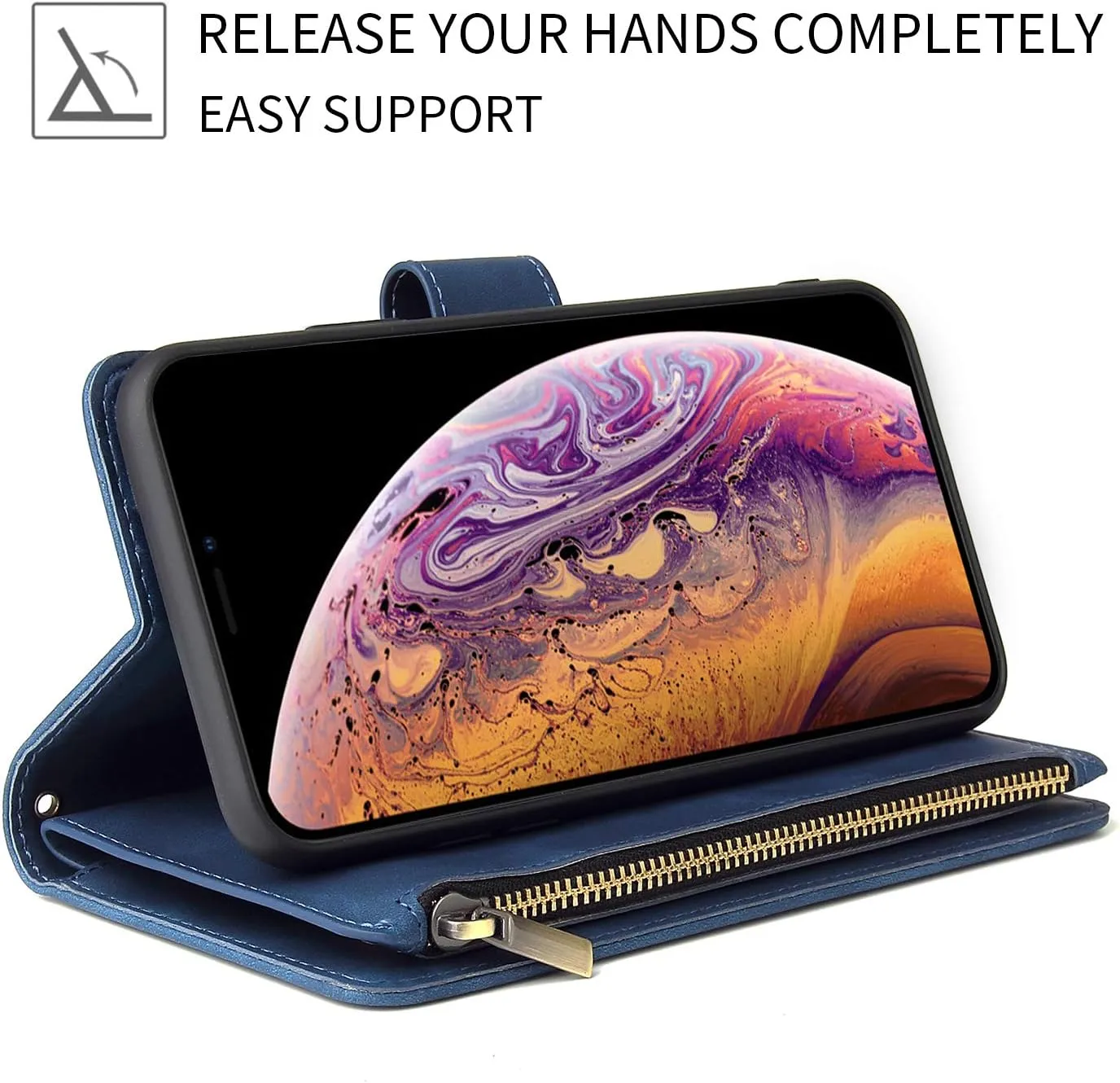 UEEBAI Wallet Case for Samsung Galaxy Note 20 Ultra 5G, Premium Vintage PU Leather Magnetic Closure Handbag Zipper Pocket Case Kickstand Card Holder Slots Wrist Strap TPU Shockproof Flip Cover - Blue