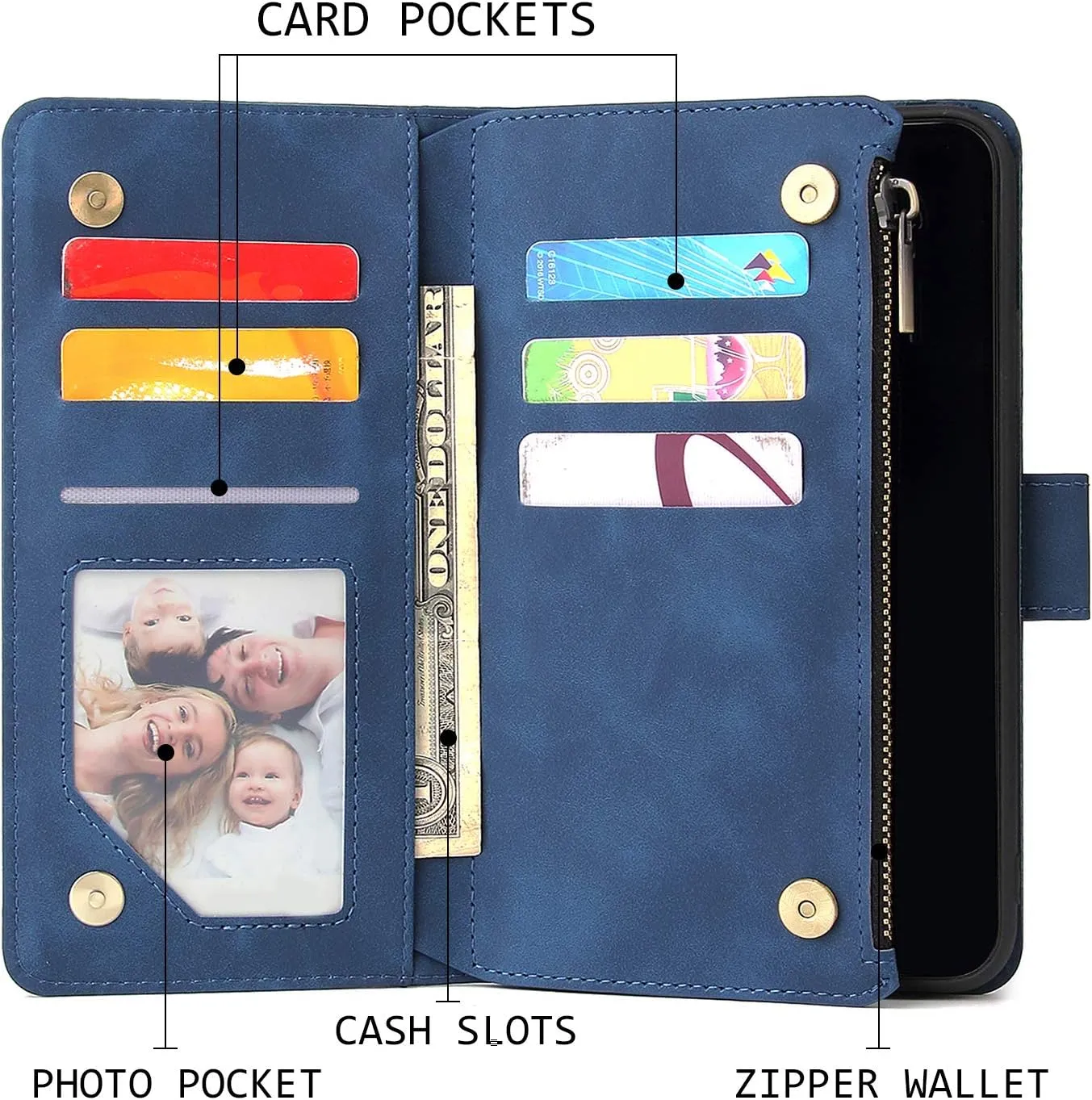 UEEBAI Wallet Case for Samsung Galaxy Note 20 Ultra 5G, Premium Vintage PU Leather Magnetic Closure Handbag Zipper Pocket Case Kickstand Card Holder Slots Wrist Strap TPU Shockproof Flip Cover - Blue