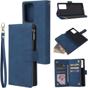 UEEBAI Wallet Case for Samsung Galaxy Note 20 Ultra 5G, Premium Vintage PU Leather Magnetic Closure Handbag Zipper Pocket Case Kickstand Card Holder Slots Wrist Strap TPU Shockproof Flip Cover - Blue