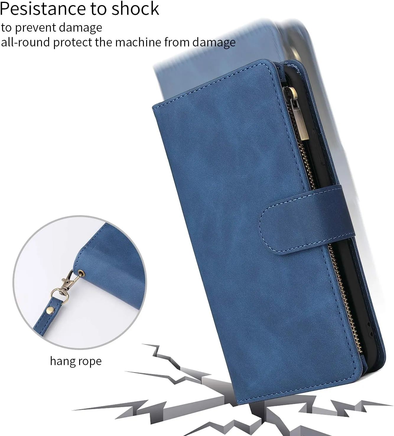 UEEBAI Wallet Case for Samsung Galaxy Note 20 Ultra 5G, Premium Vintage PU Leather Magnetic Closure Handbag Zipper Pocket Case Kickstand Card Holder Slots Wrist Strap TPU Shockproof Flip Cover - Blue