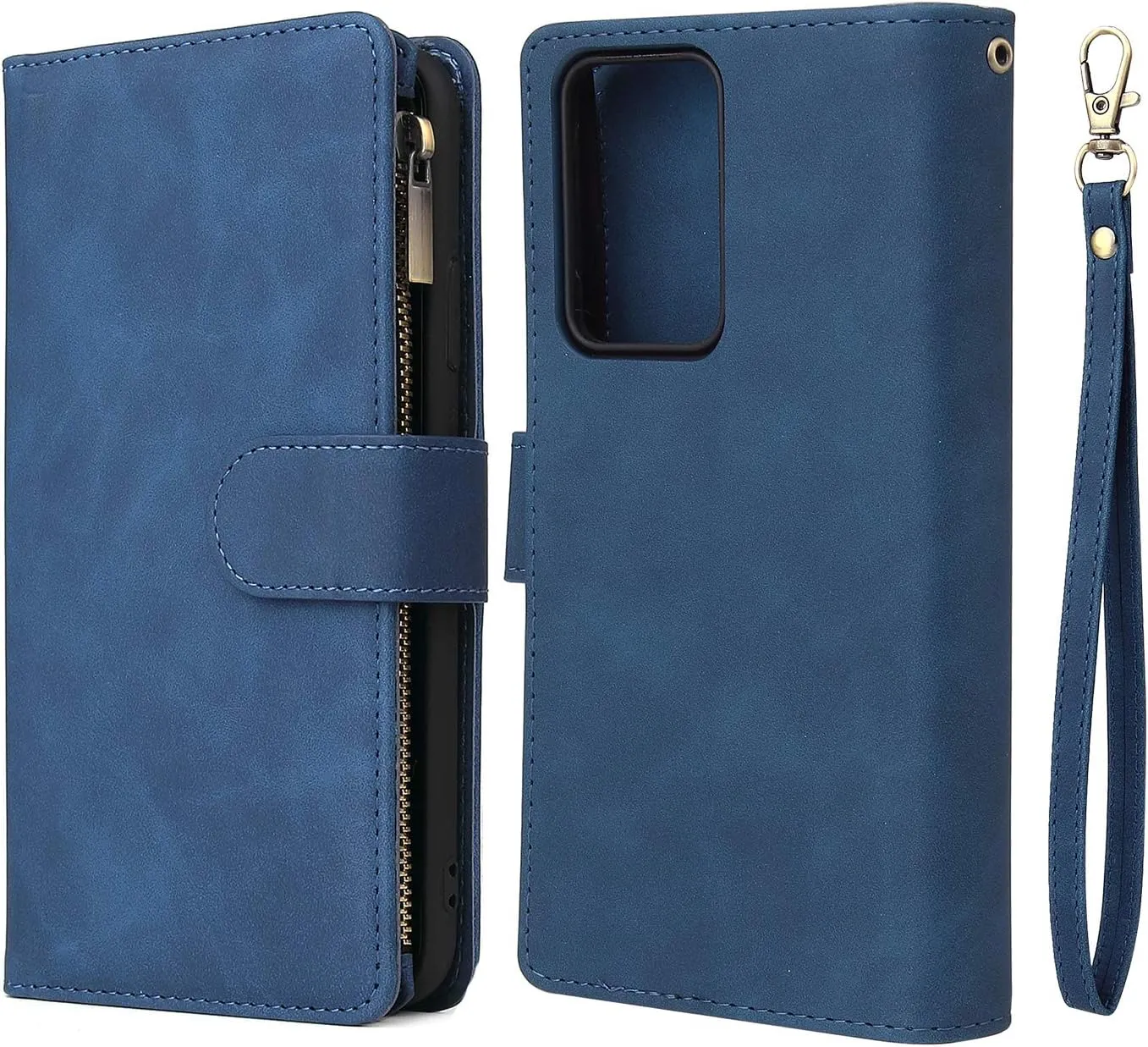 UEEBAI Wallet Case for Samsung Galaxy Note 20 Ultra 5G, Premium Vintage PU Leather Magnetic Closure Handbag Zipper Pocket Case Kickstand Card Holder Slots Wrist Strap TPU Shockproof Flip Cover - Blue