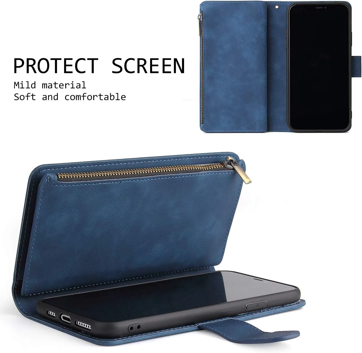 UEEBAI Wallet Case for Samsung Galaxy Note 20 Ultra 5G, Premium Vintage PU Leather Magnetic Closure Handbag Zipper Pocket Case Kickstand Card Holder Slots Wrist Strap TPU Shockproof Flip Cover - Blue