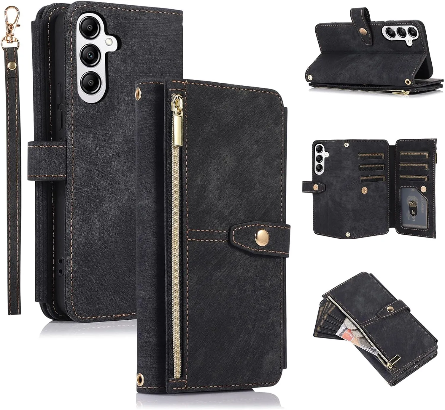 UEEBAI Wallet Case for Samsung Galaxy S24 Plus/S25 Plus 5G, 9 Card Holder Slots Zipper Pocket Handbag Case Magnetic Closure Kickstand with Wrist Strap Shockproof Flip Case for Women - Retro Black