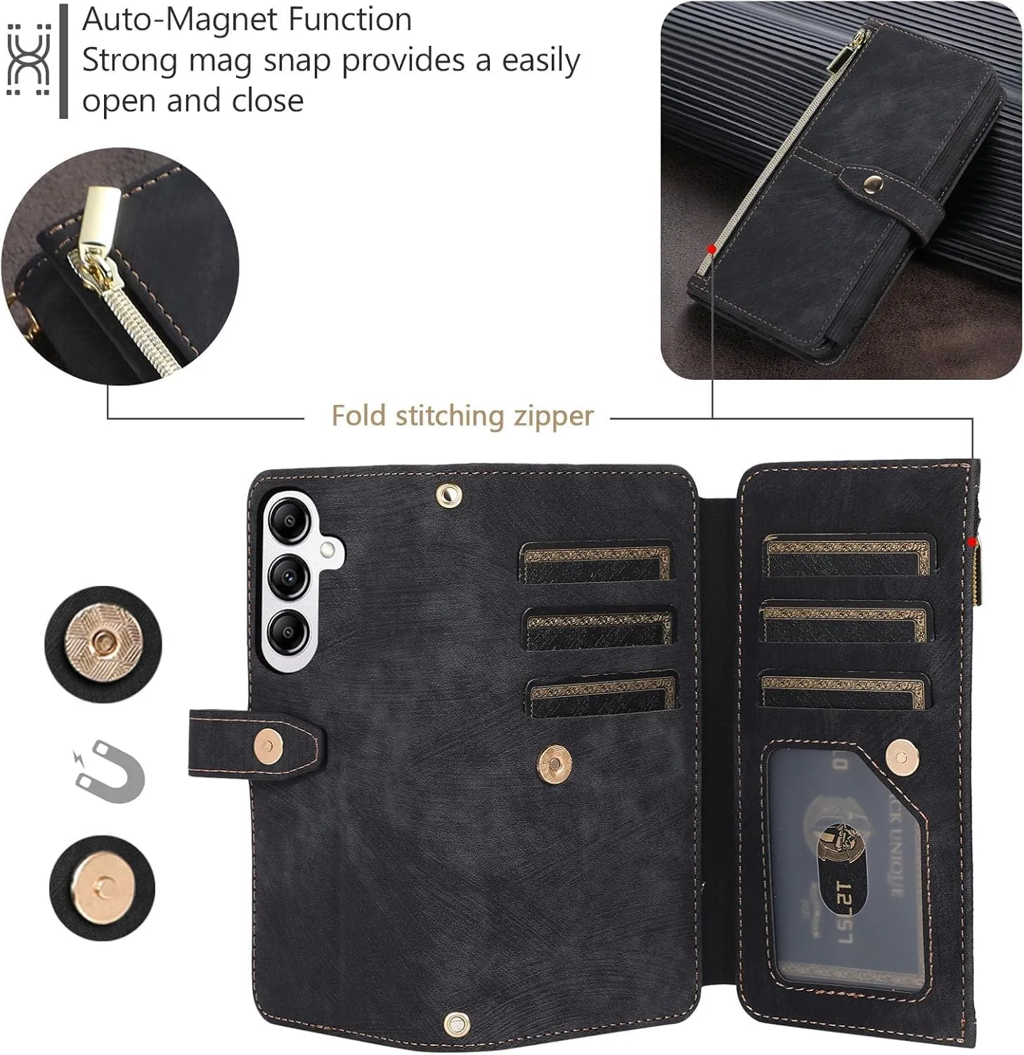 UEEBAI Wallet Case for Samsung Galaxy S24 Plus/S25 Plus 5G, 9 Card Holder Slots Zipper Pocket Handbag Case Magnetic Closure Kickstand with Wrist Strap Shockproof Flip Case for Women - Retro Black
