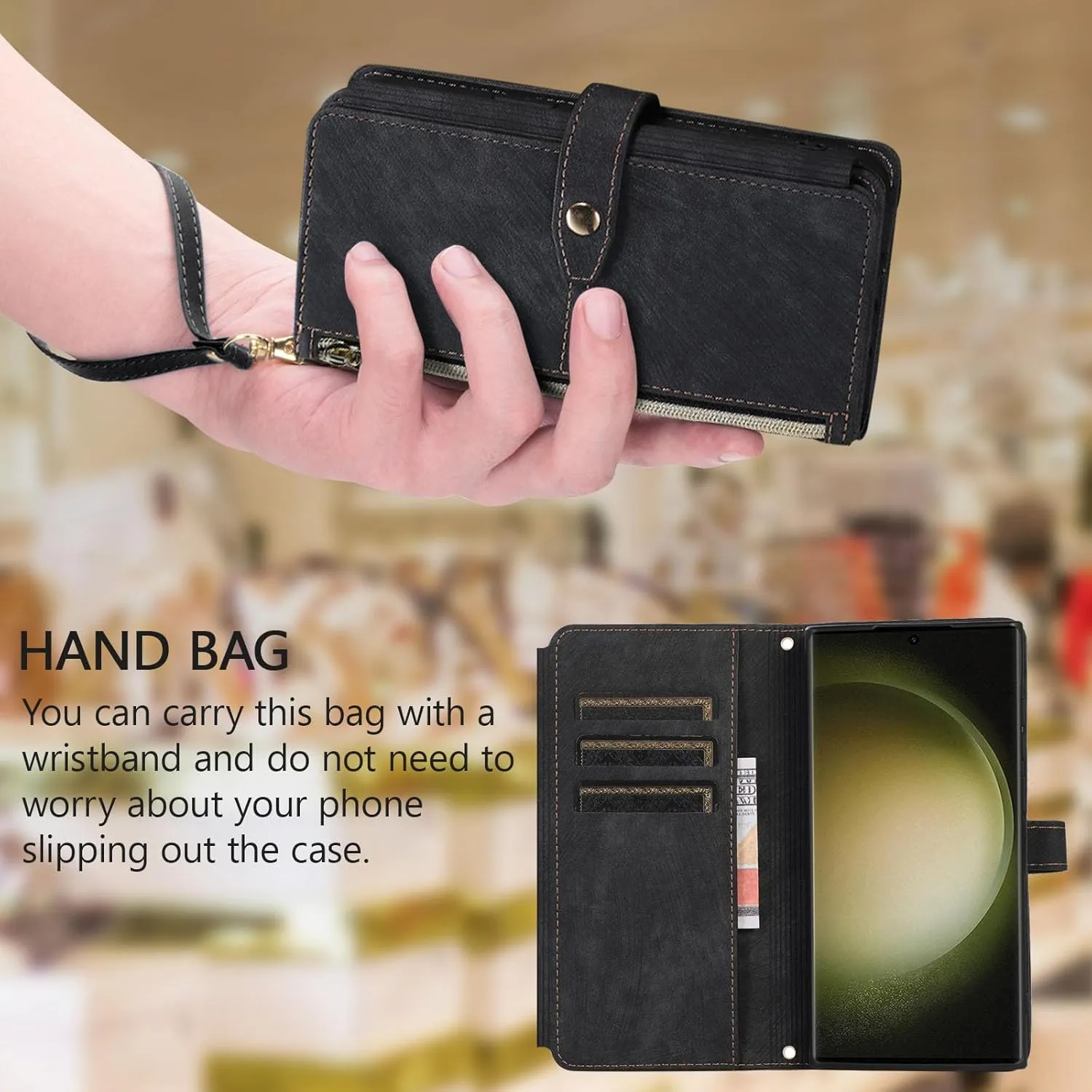 UEEBAI Wallet Case for Samsung Galaxy S24 Plus/S25 Plus 5G, 9 Card Holder Slots Zipper Pocket Handbag Case Magnetic Closure Kickstand with Wrist Strap Shockproof Flip Case for Women - Retro Black