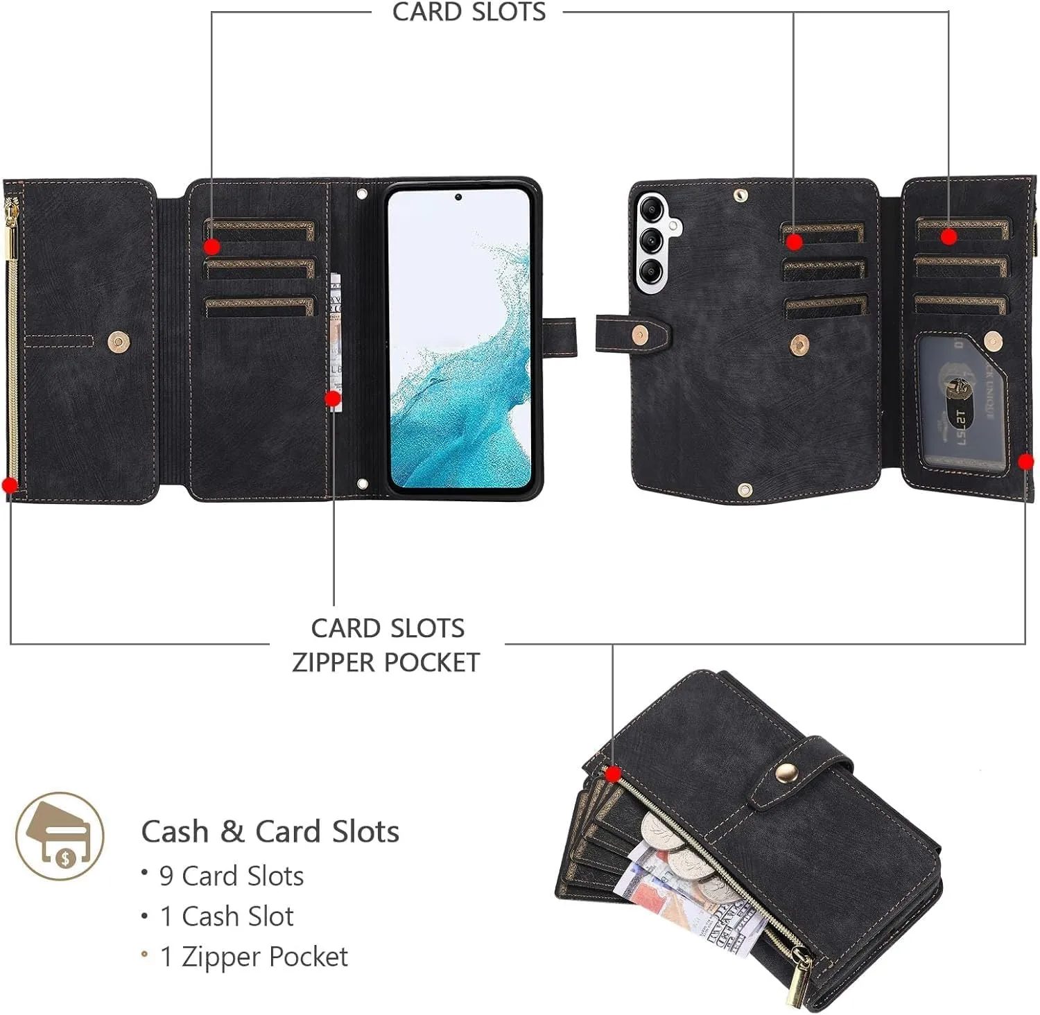 UEEBAI Wallet Case for Samsung Galaxy S24 Plus/S25 Plus 5G, 9 Card Holder Slots Zipper Pocket Handbag Case Magnetic Closure Kickstand with Wrist Strap Shockproof Flip Case for Women - Retro Black