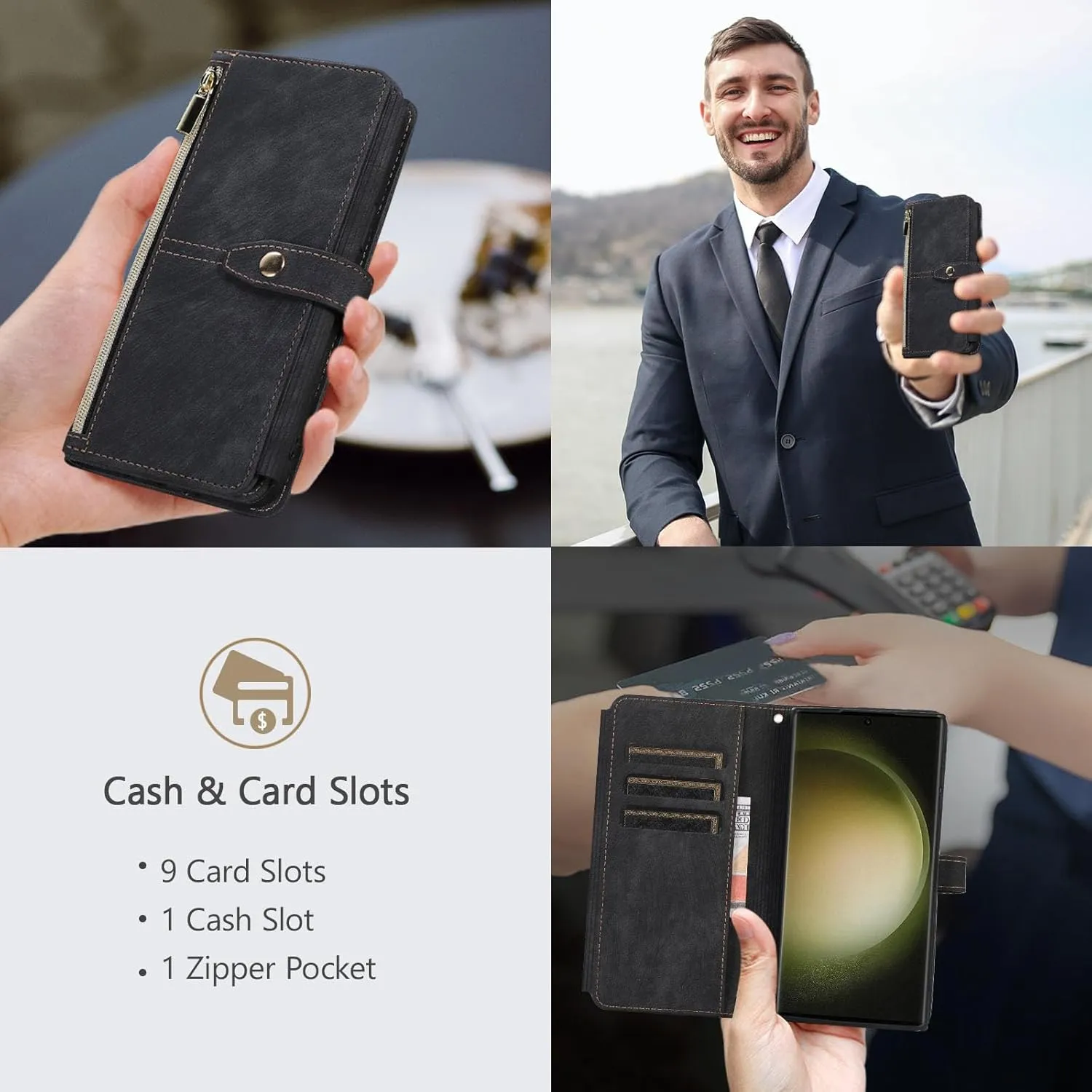 UEEBAI Wallet Case for Samsung Galaxy S24 Plus/S25 Plus 5G, 9 Card Holder Slots Zipper Pocket Handbag Case Magnetic Closure Kickstand with Wrist Strap Shockproof Flip Case for Women - Retro Black