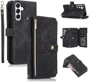 UEEBAI Wallet Case for Samsung Galaxy S24 Plus/S25 Plus 5G, 9 Card Holder Slots Zipper Pocket Handbag Case Magnetic Closure Kickstand with Wrist Strap Shockproof Flip Case for Women - Retro Black