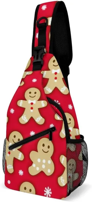 Unisex Christmas Red Polka Dots Snowflakes Gingerbread Cookies Crossbody Backpack, Cool Large Capacity Sling Bag Shoulder Pack, Multi-pockets and Buckles Chest Bags with Adjustable Strap