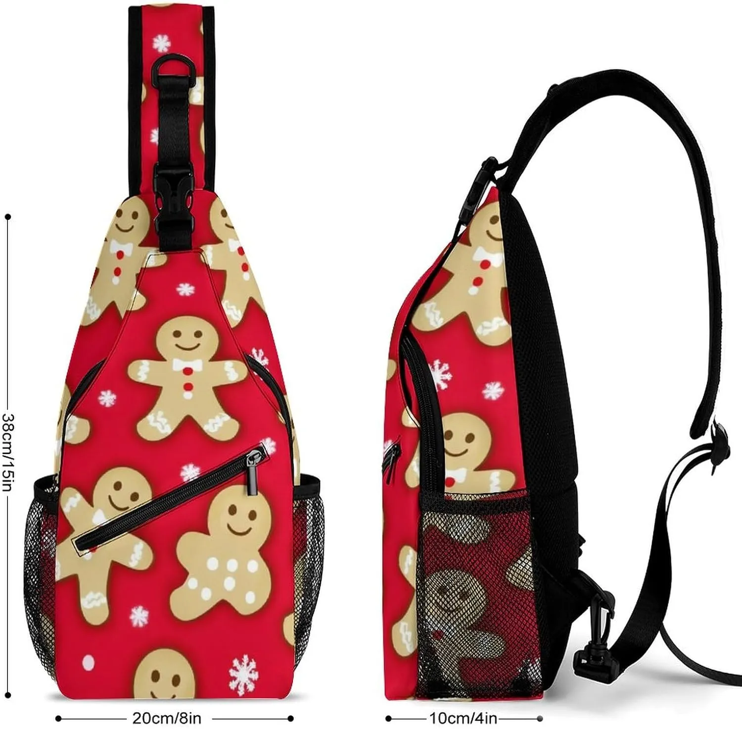 Unisex Christmas Red Polka Dots Snowflakes Gingerbread Cookies Crossbody Backpack, Cool Large Capacity Sling Bag Shoulder Pack, Multi-pockets and Buckles Chest Bags with Adjustable Strap