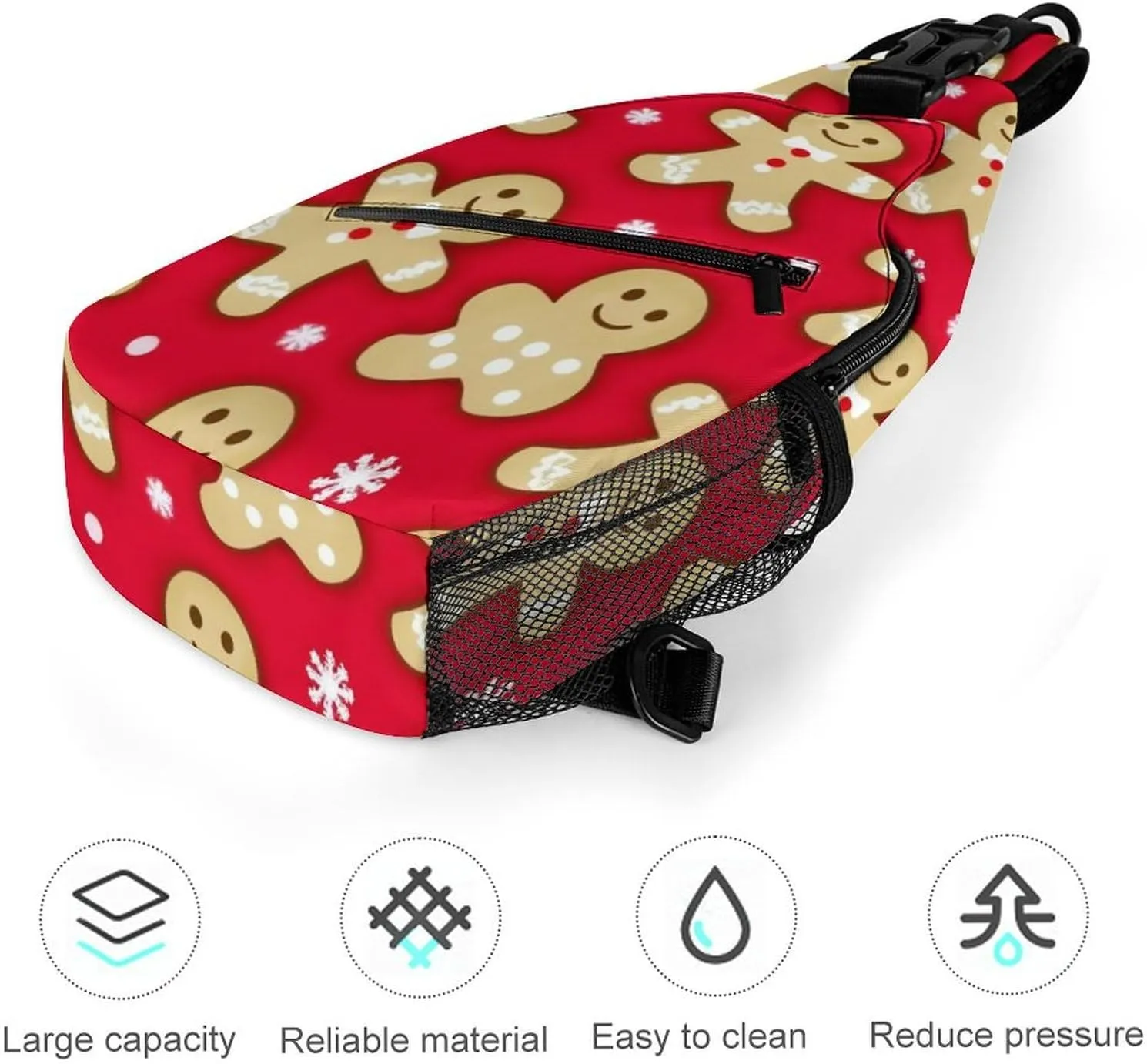 Unisex Christmas Red Polka Dots Snowflakes Gingerbread Cookies Crossbody Backpack, Cool Large Capacity Sling Bag Shoulder Pack, Multi-pockets and Buckles Chest Bags with Adjustable Strap