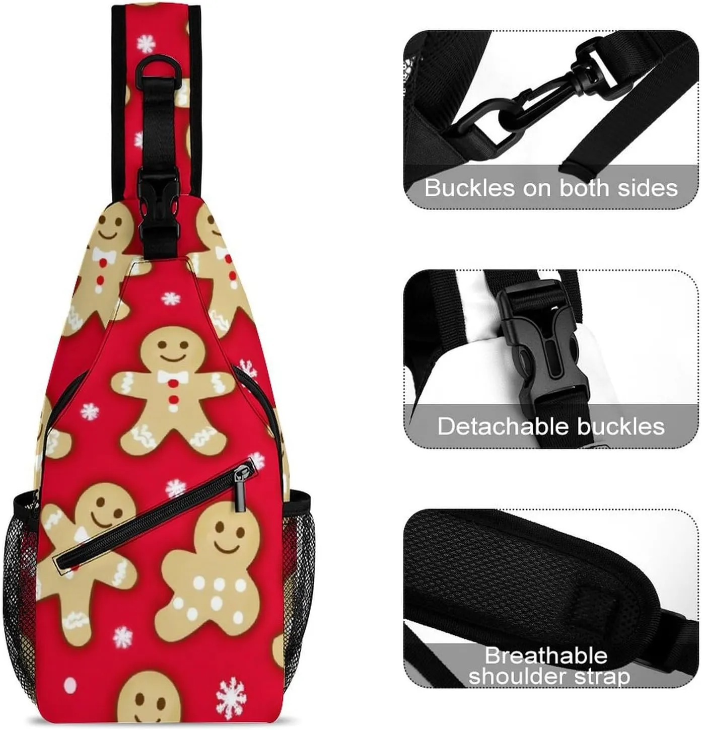 Unisex Christmas Red Polka Dots Snowflakes Gingerbread Cookies Crossbody Backpack, Cool Large Capacity Sling Bag Shoulder Pack, Multi-pockets and Buckles Chest Bags with Adjustable Strap