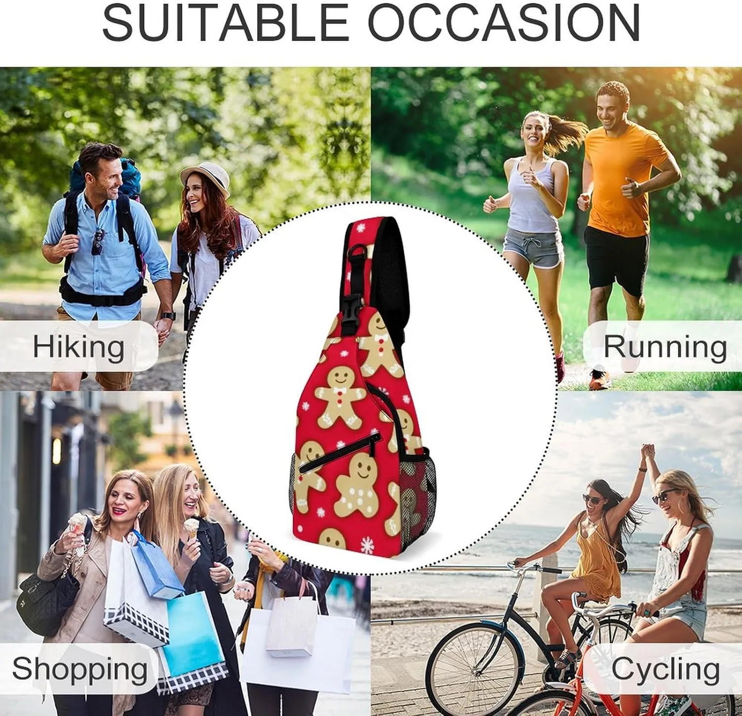 Unisex Christmas Red Polka Dots Snowflakes Gingerbread Cookies Crossbody Backpack, Cool Large Capacity Sling Bag Shoulder Pack, Multi-pockets and Buckles Chest Bags with Adjustable Strap