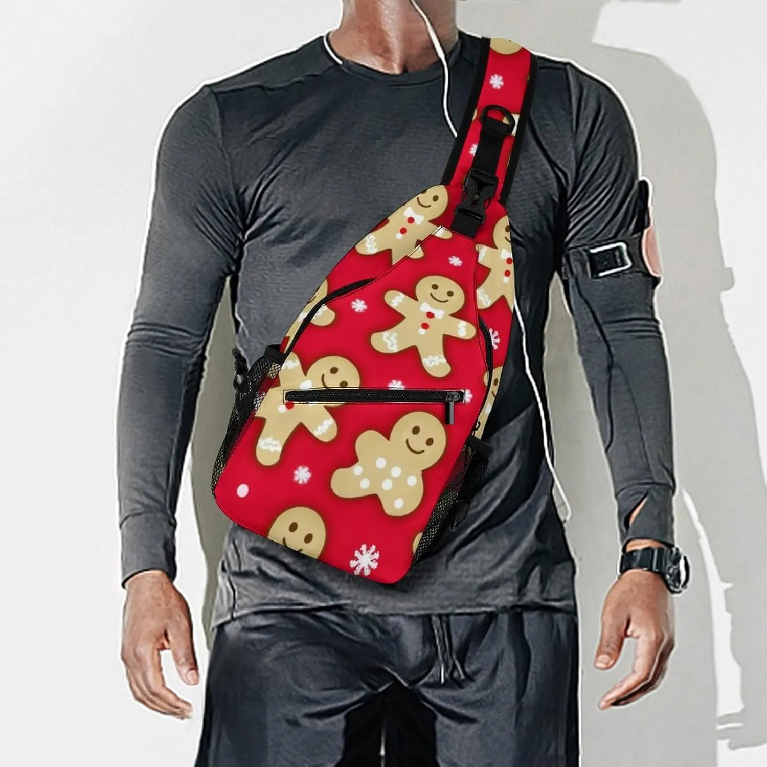 Unisex Christmas Red Polka Dots Snowflakes Gingerbread Cookies Crossbody Backpack, Cool Large Capacity Sling Bag Shoulder Pack, Multi-pockets and Buckles Chest Bags with Adjustable Strap