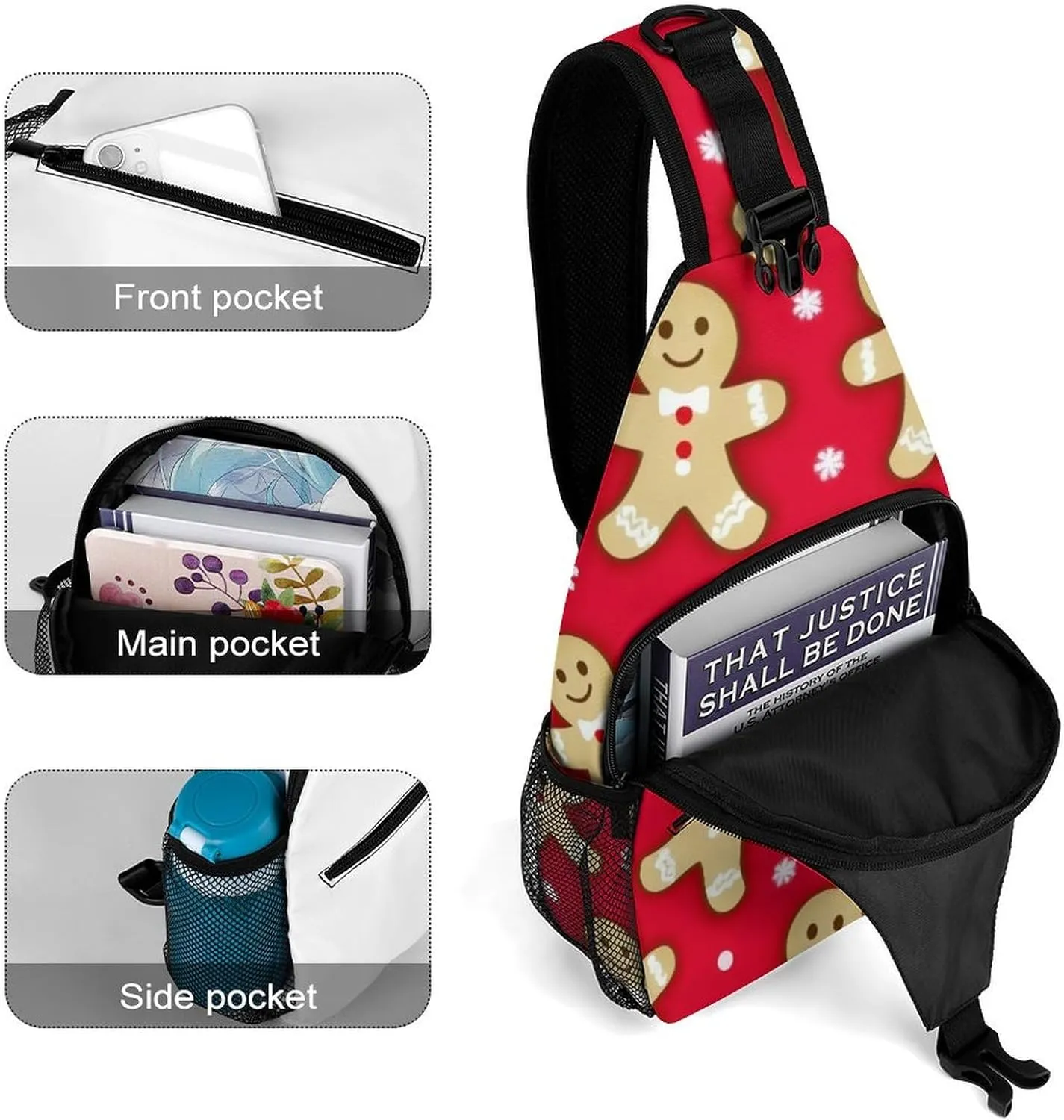 Unisex Christmas Red Polka Dots Snowflakes Gingerbread Cookies Crossbody Backpack, Cool Large Capacity Sling Bag Shoulder Pack, Multi-pockets and Buckles Chest Bags with Adjustable Strap