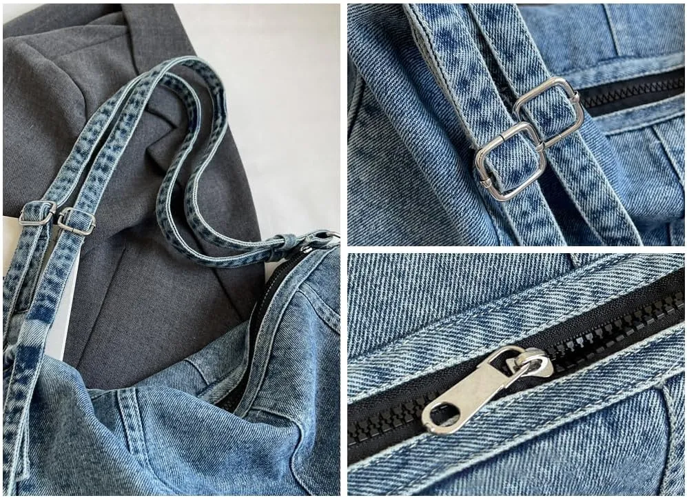 Unisex Denim Shoulder Handbag Retro Crossbody Bag Large Capacity Tote Purse Workwear Style Underarm Bag