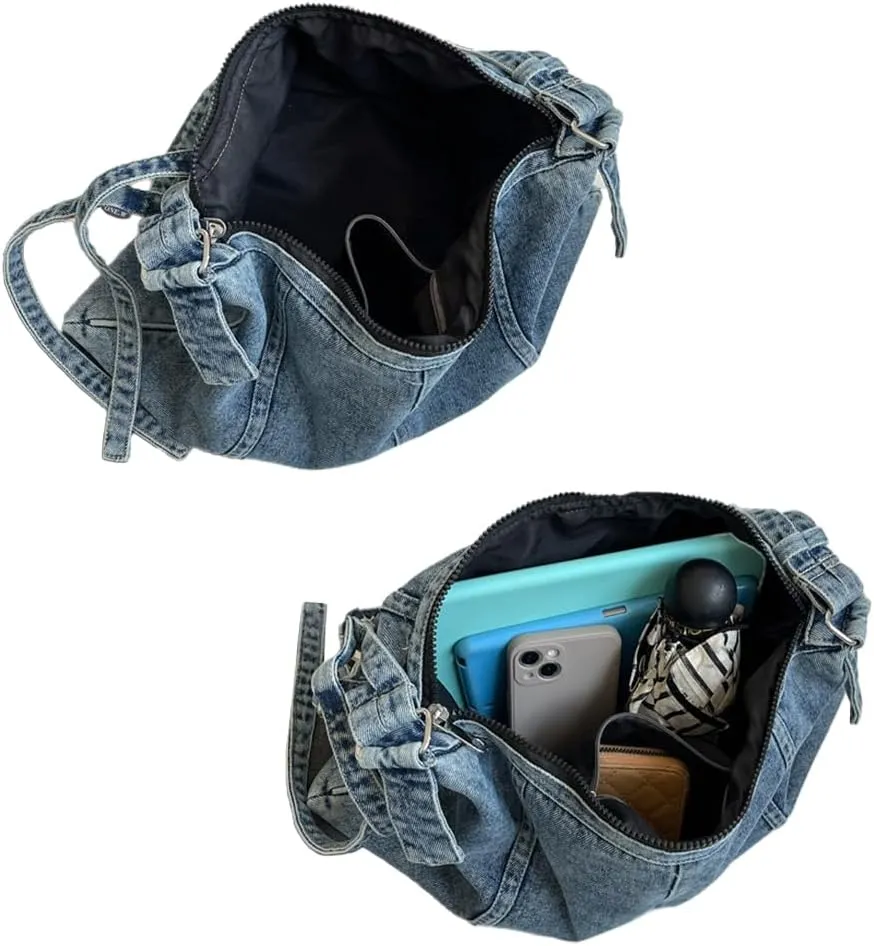 Unisex Denim Shoulder Handbag Retro Crossbody Bag Large Capacity Tote Purse Workwear Style Underarm Bag