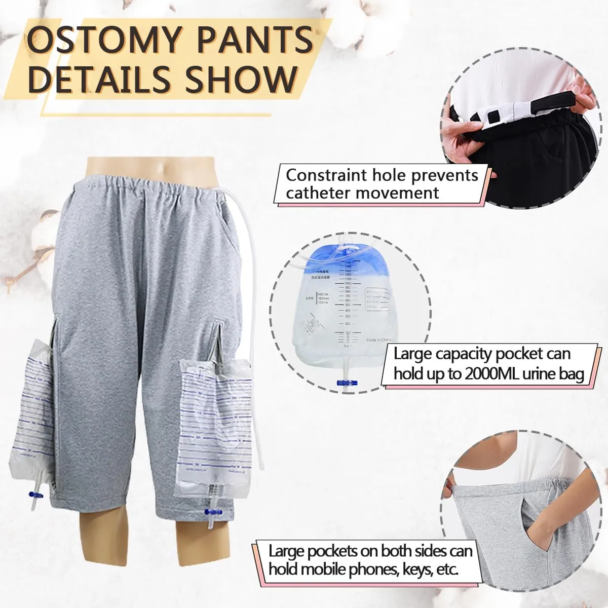 Unisex Incontinence Care Trousers,Urinary Drainage Trouser,Catheter Pant,Fistula Pants,Ostomy Drainage Bag Care Scanties,Double Zippered Pockets Holding 2000ml Catheter Bags Black
