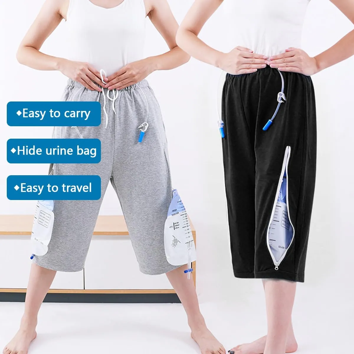 Unisex Incontinence Care Trousers,Urinary Drainage Trouser,Catheter Pant,Fistula Pants,Ostomy Drainage Bag Care Scanties,Double Zippered Pockets Holding 2000ml Catheter Bags Black