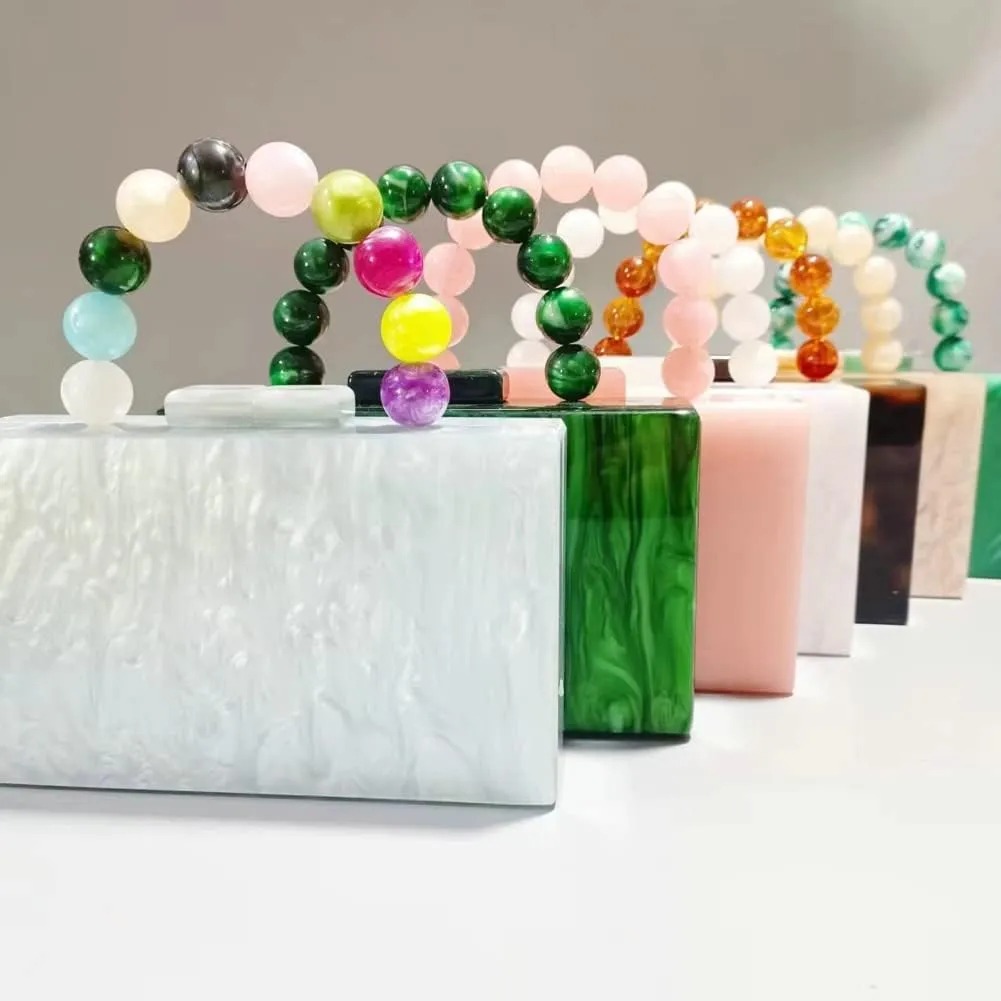 URAWOW Acrylic Evening Handbag Beads Bag for Women Graceful Shoulder Bag Satchel Marble Clutch Purses for Wedding Party