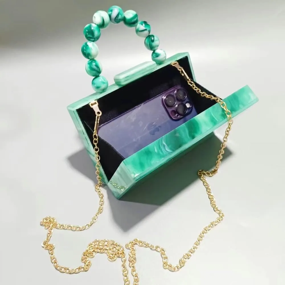 URAWOW Acrylic Evening Handbag Beads Bag for Women Graceful Shoulder Bag Satchel Marble Clutch Purses for Wedding Party