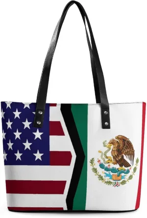 U.S. and Mexican Flag Tote Bag Ladies Leather Handbags Large Western Purse Shoulder Bag