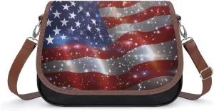 USA Flag Celebration Fireworks Crossbody Bags PU Leather Purses Shoulder Handbag with Adjustable Shoulder Strap