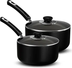 Utopia Kitchen Nonstick Stock Pot Saucepan Set with Lids, 1 Quart and 2 Quarts Multipurpose Stock Pots Set for Home, Kitchen or Restaurant, Black