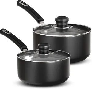 Utopia Kitchen Nonstick Stock Pot Saucepan Set with Lids, 1 Quart and 2 Quarts Multipurpose Stock Pots Set for Home, Kitchen or Restaurant, Grey & Black