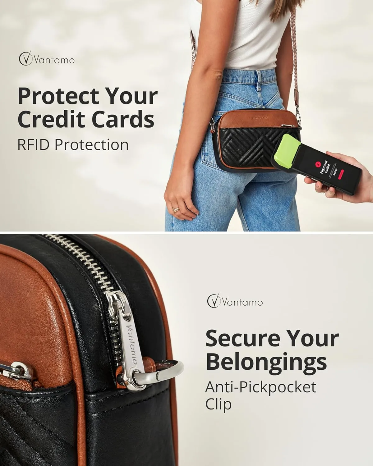 Vantamo Crossbody Bags For Women with Adjustable Strap, Premium PU Leather Purses for Women, Anti-Pickpocket Clip & Gift Box