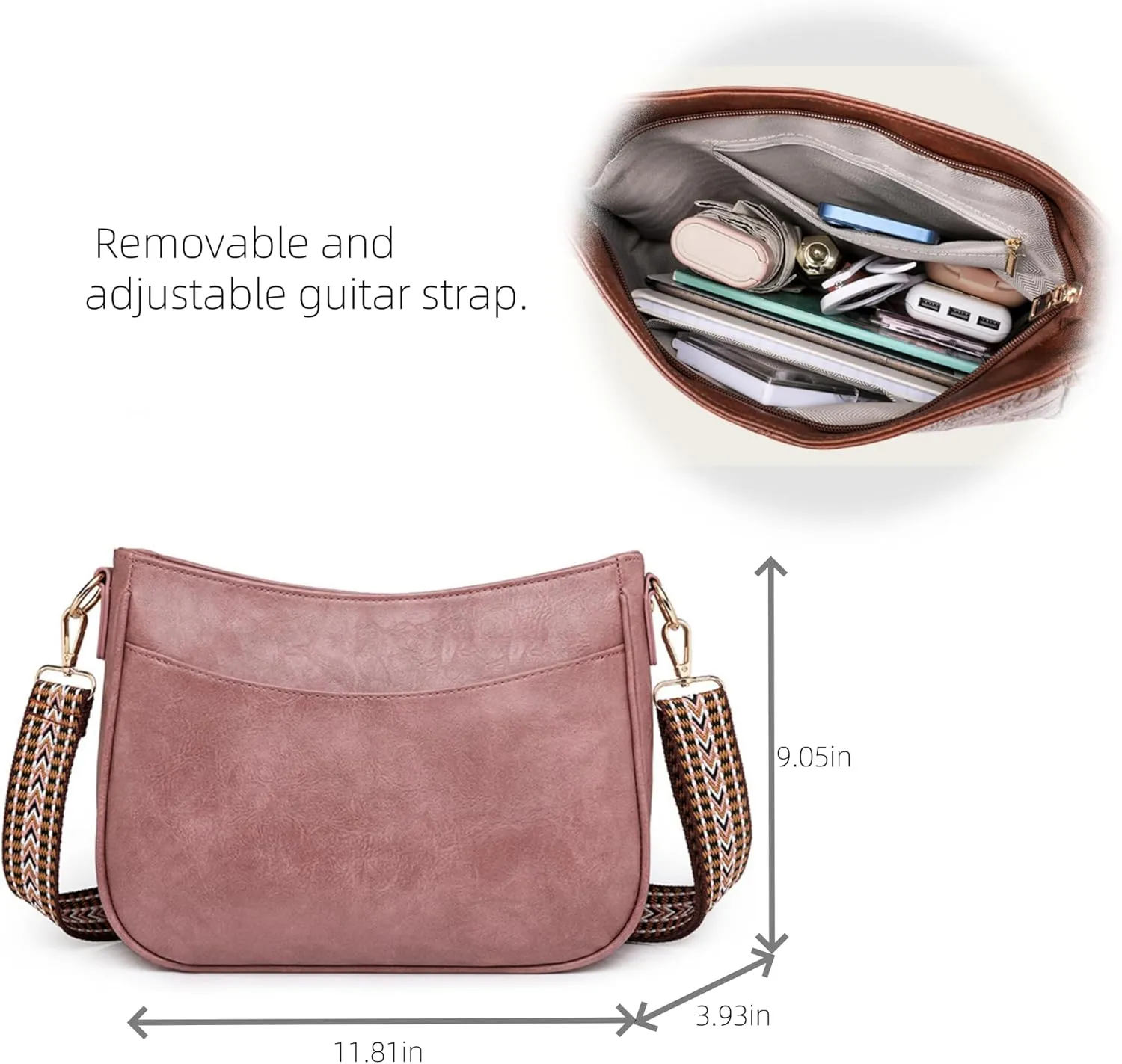 Vegan Leather Crossbody Bags for Women, Camera Shoulder Handbag Zipped Pockets Hobo Purse with Adjustable Wide Strap