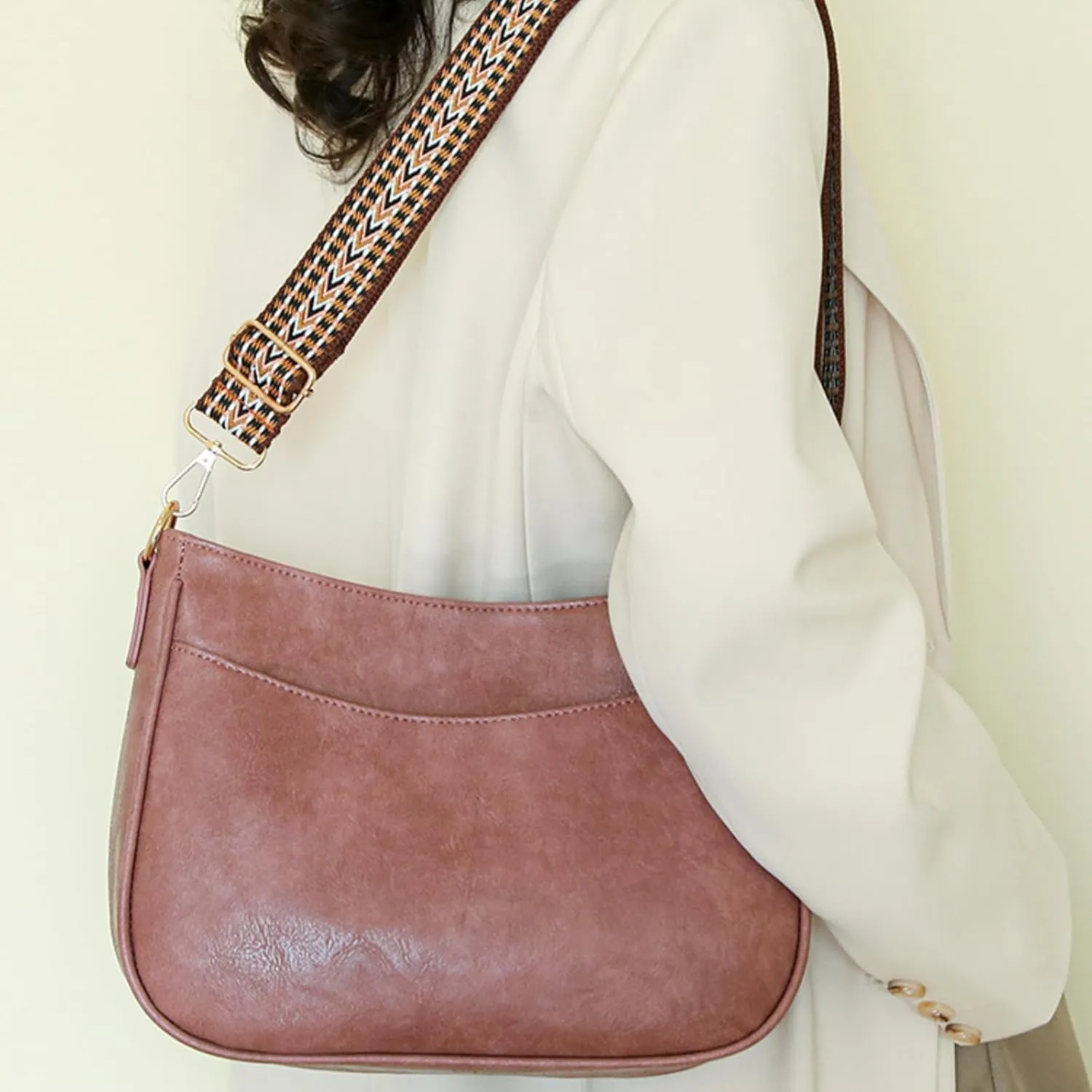 Vegan Leather Crossbody Bags for Women, Camera Shoulder Handbag Zipped Pockets Hobo Purse with Adjustable Wide Strap