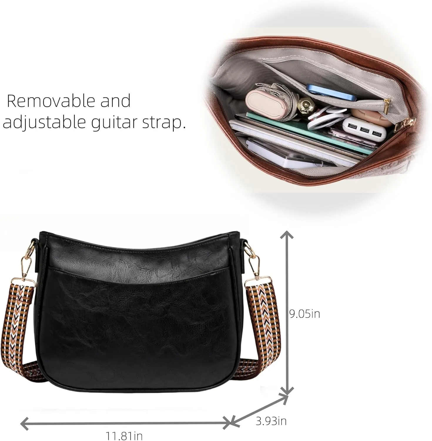 Vegan Leather Crossbody Bags for Women, Camera Shoulder Handbag Zipped Pockets Hobo Purse with Adjustable Wide Strap