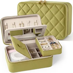 Velvet Travel Jewelry Box with Large Mirror, Double-Layer Jewelry Organizer Case for Women and Girls, Portable Storage Case with 6 Anti-Tarnish Bags Gift Ready for Her (Avocado Green)