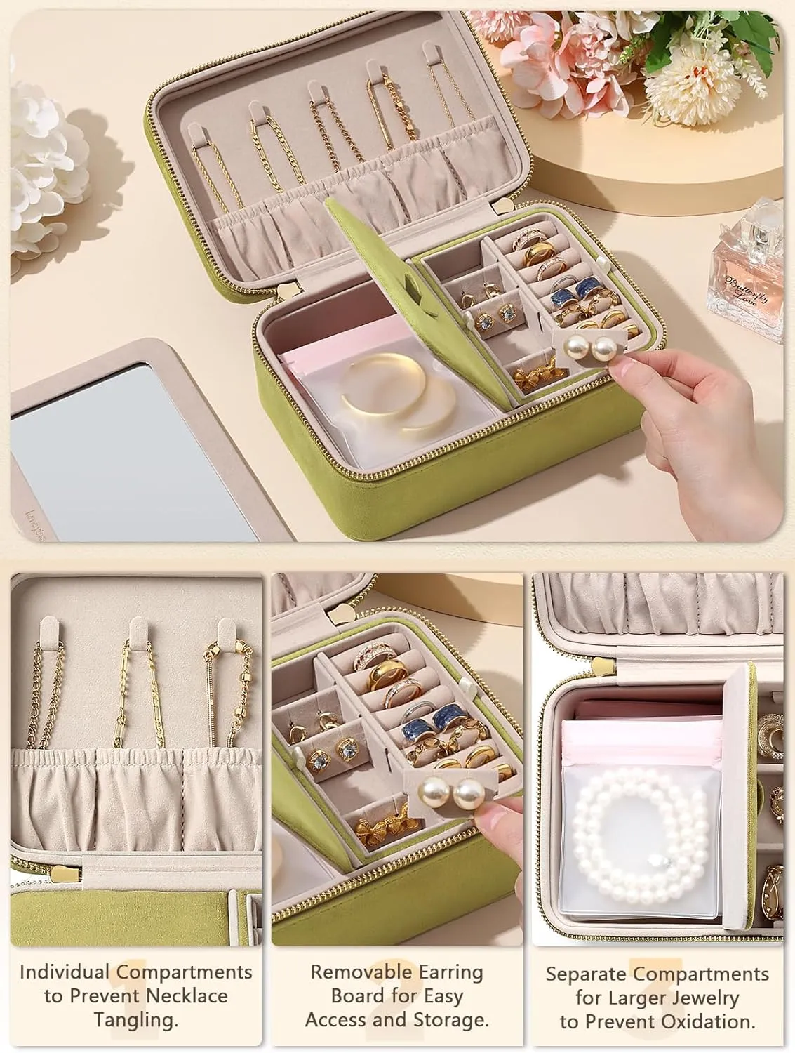 Velvet Travel Jewelry Box with Large Mirror, Double-Layer Jewelry Organizer Case for Women and Girls, Portable Storage Case with 6 Anti-Tarnish Bags Gift Ready for Her (Avocado Green)