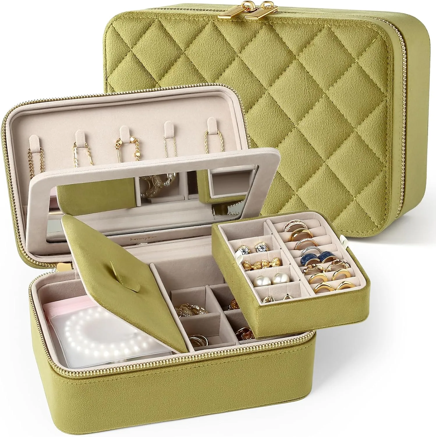 Velvet Travel Jewelry Box with Large Mirror, Double-Layer Jewelry Organizer Case for Women and Girls, Portable Storage Case with 6 Anti-Tarnish Bags Gift Ready for Her (Avocado Green)