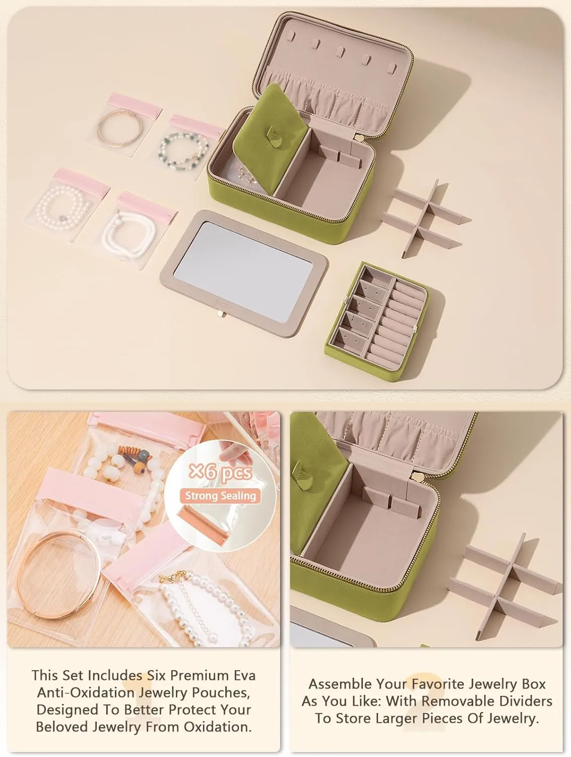 Velvet Travel Jewelry Box with Large Mirror, Double-Layer Jewelry Organizer Case for Women and Girls, Portable Storage Case with 6 Anti-Tarnish Bags Gift Ready for Her (Avocado Green)