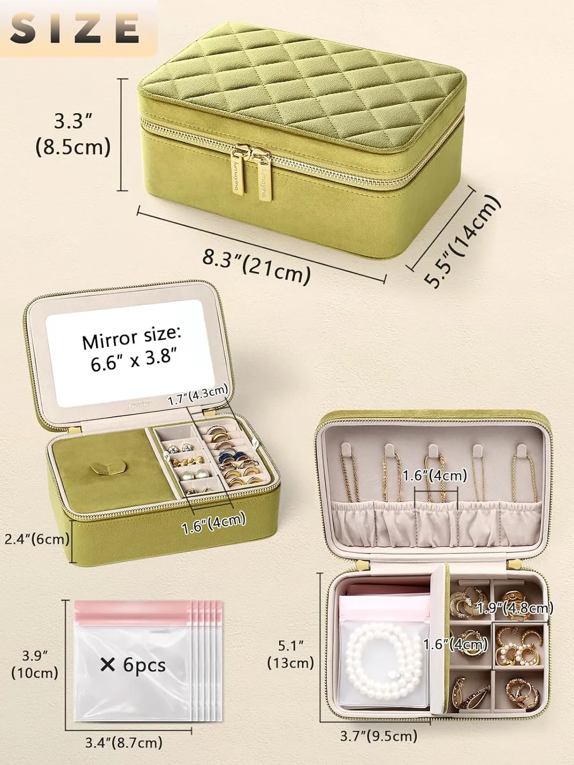 Velvet Travel Jewelry Box with Large Mirror, Double-Layer Jewelry Organizer Case for Women and Girls, Portable Storage Case with 6 Anti-Tarnish Bags Gift Ready for Her (Avocado Green)