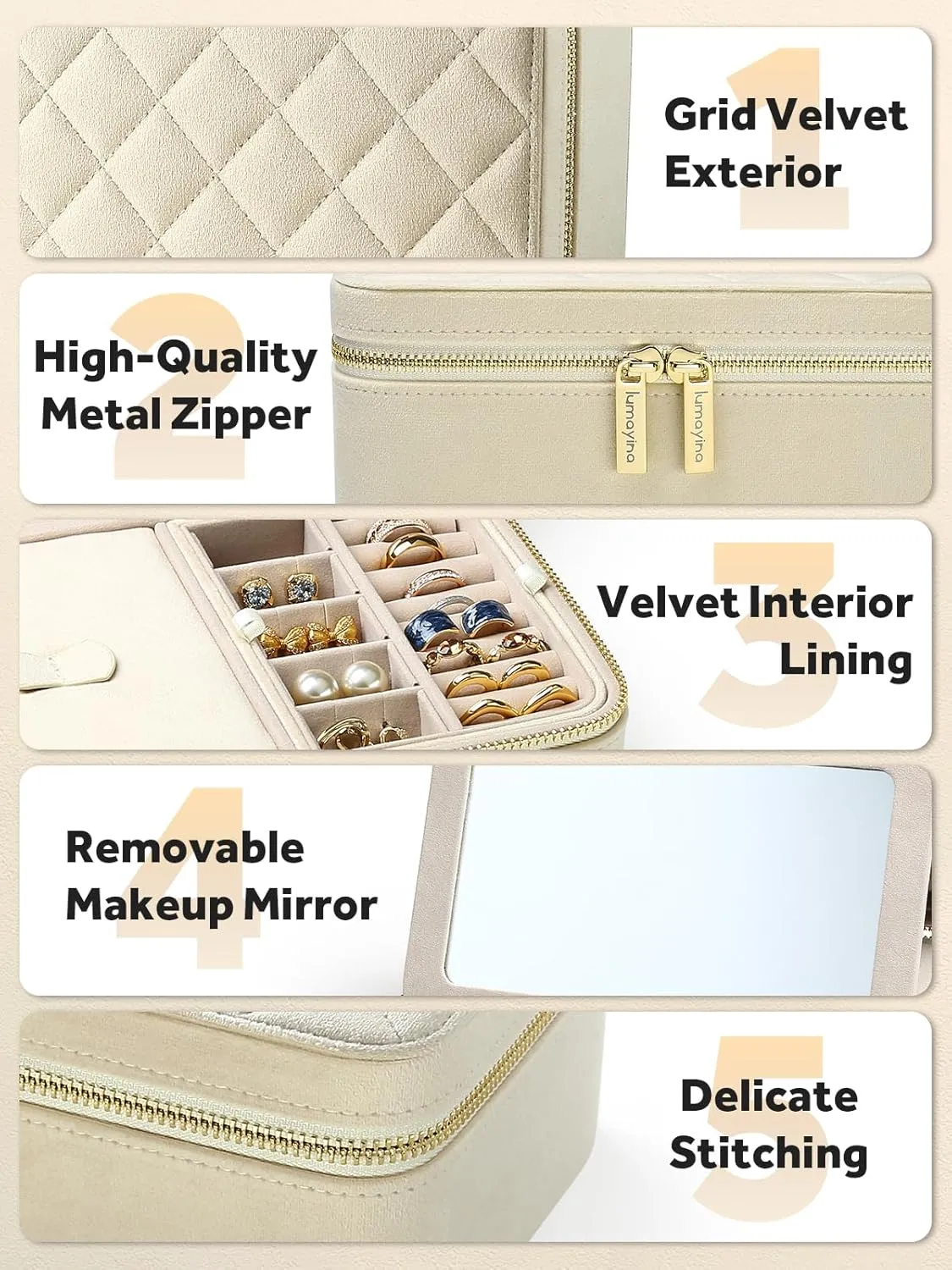 Velvet Travel Jewelry Box with Large Mirror, Double-Layer Jewelry Organizer Case for Women and Girls, Portable Storage Case with 6 Anti-Tarnish Bags Gift Ready for Her (Beige)