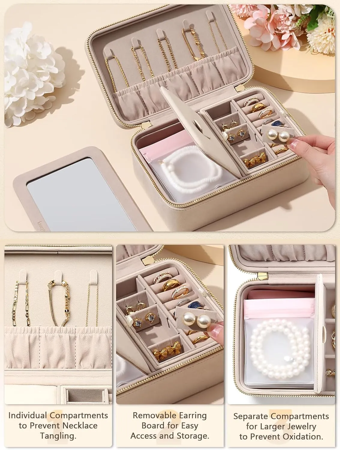 Velvet Travel Jewelry Box with Large Mirror, Double-Layer Jewelry Organizer Case for Women and Girls, Portable Storage Case with 6 Anti-Tarnish Bags Gift Ready for Her (Beige)