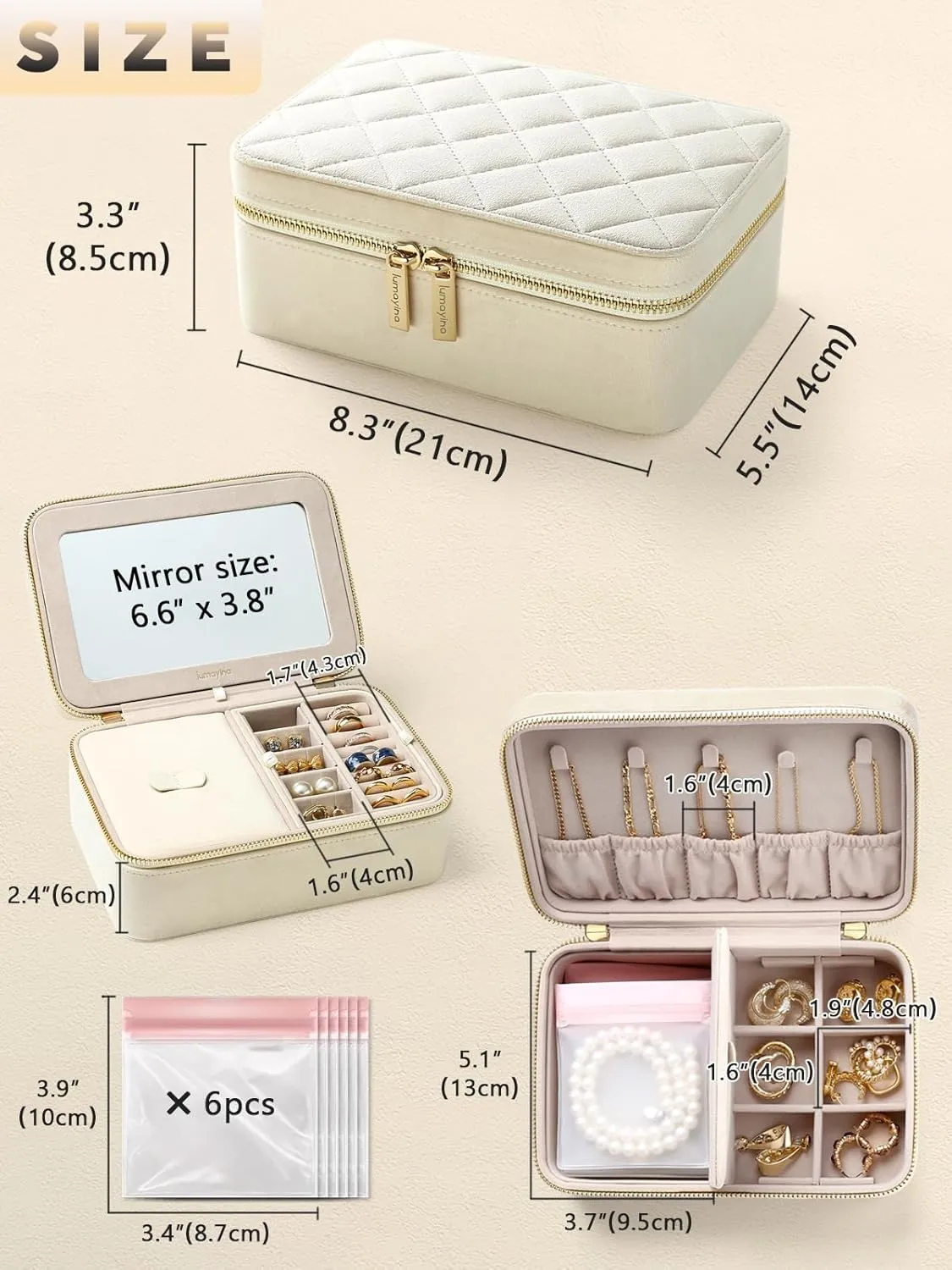 Velvet Travel Jewelry Box with Large Mirror, Double-Layer Jewelry Organizer Case for Women and Girls, Portable Storage Case with 6 Anti-Tarnish Bags Gift Ready for Her (Beige)