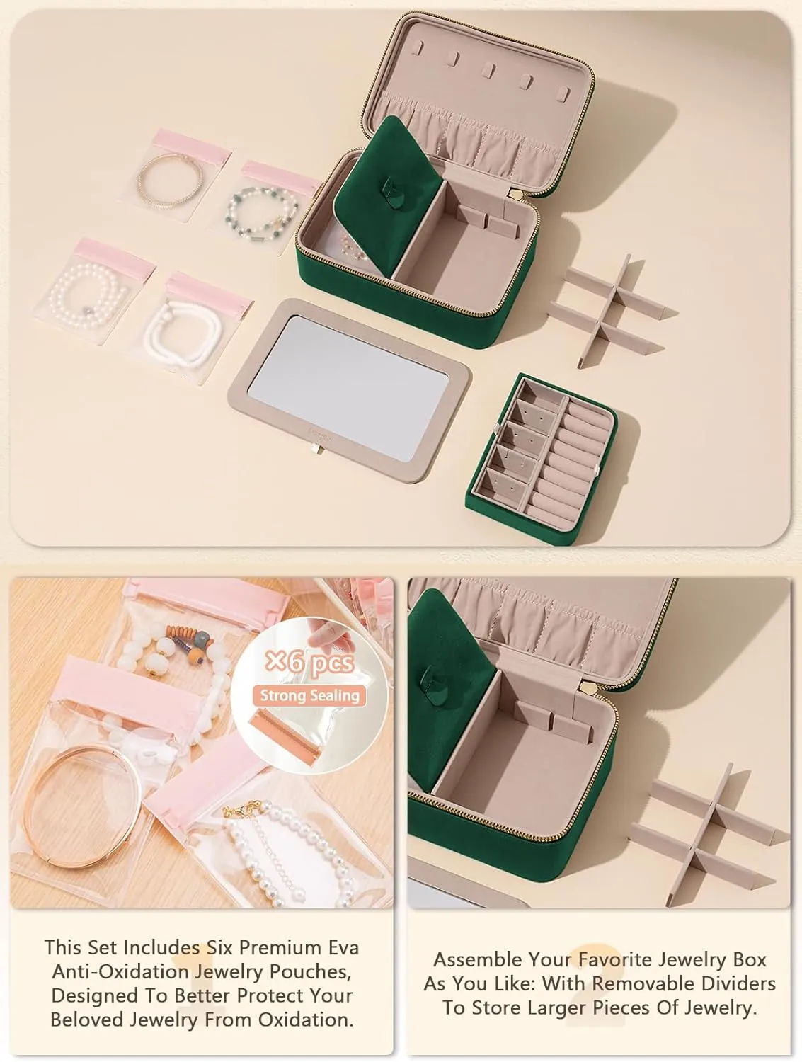 Velvet Travel Jewelry Box with Large Mirror, Double-Layer Jewelry Organizer Case for Women and Girls, Portable Storage Case with 6 Anti-Tarnish Bags Gift Ready for Her (Emerald Green)