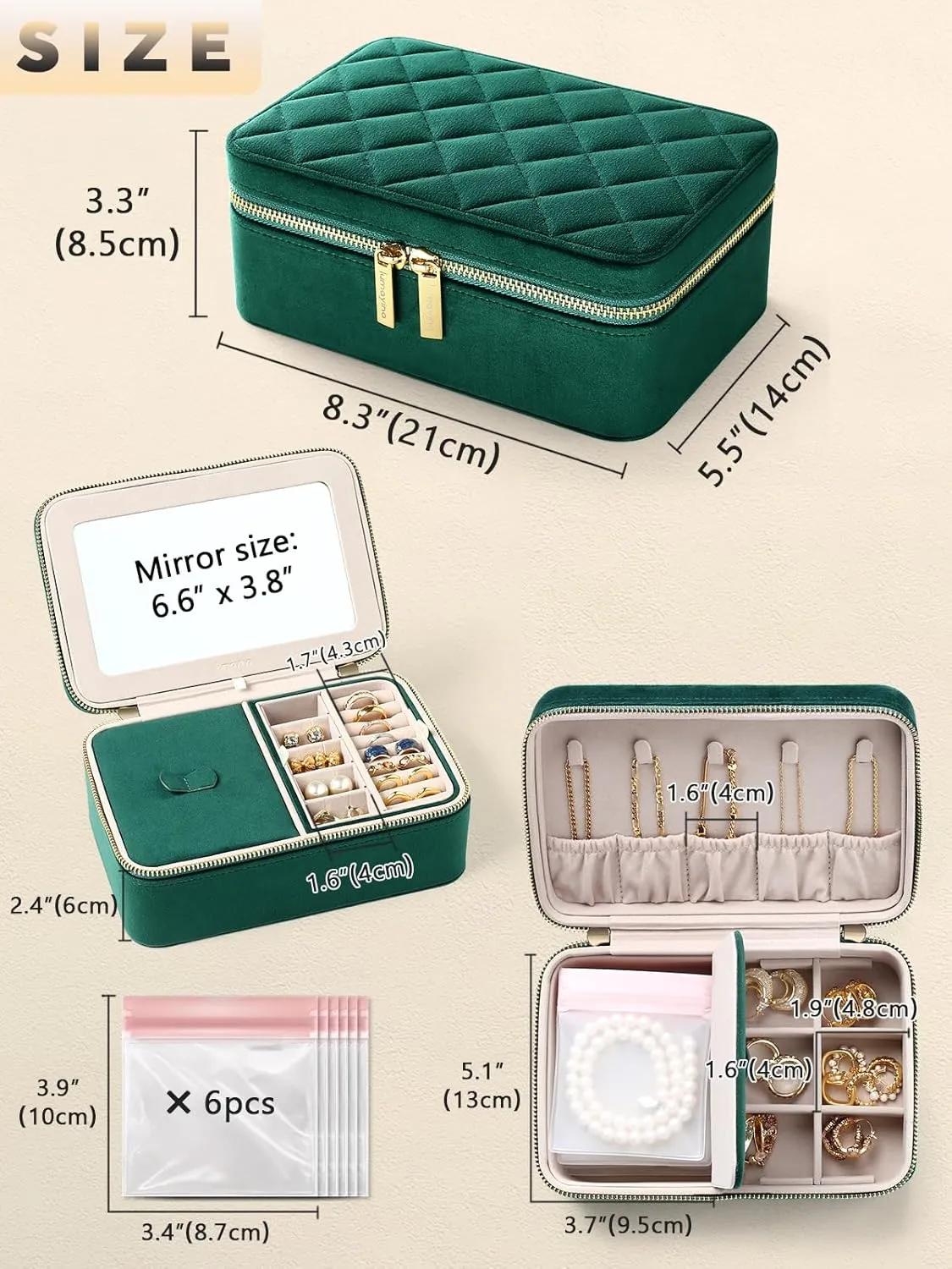 Velvet Travel Jewelry Box with Large Mirror, Double-Layer Jewelry Organizer Case for Women and Girls, Portable Storage Case with 6 Anti-Tarnish Bags Gift Ready for Her (Emerald Green)